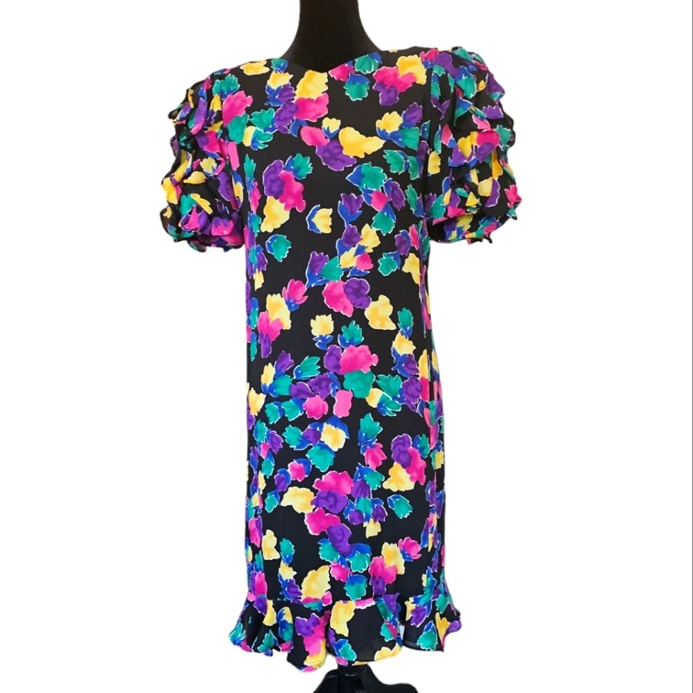 Liz Roberts Ruffled Black Floral Colrful Dress  RUFFLE sleeves